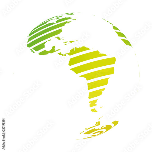 Earth globe with green striped World land map focused on South America. 3D vector illustration.