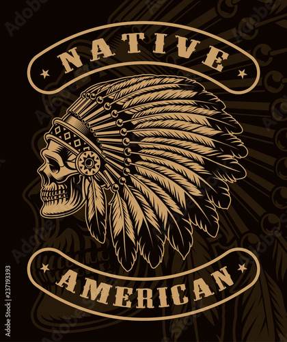 Black and white illustration of an indian skull on the dark background.