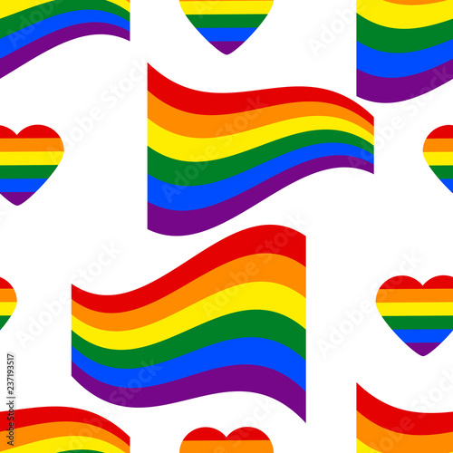 Seamless Pattern with LGBT rainbow Flags and hearts. Celebrating gay people rights. Same-sex love. Pride.