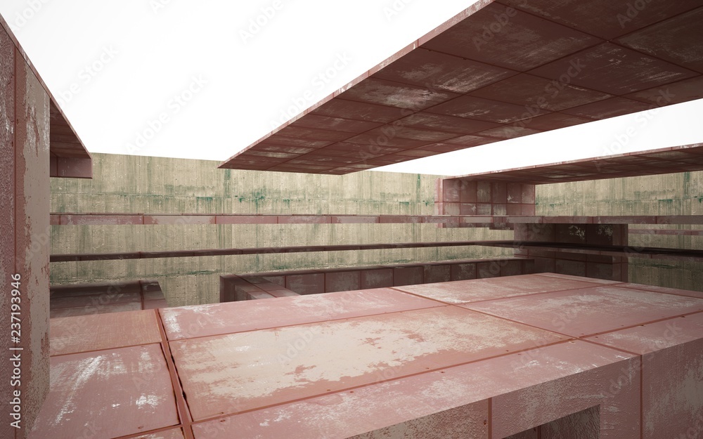 Empty abstract room interior of sheets rusted metal and beige concrete. Architectural background. 3D illustration and rendering Empty abstract room interior of sheets rusted metal and beige concrete. Architectural background. 3D illustration and rendering
