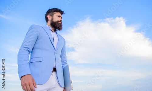 Businessman bearded face sky background. New business direction. Changing course. Looking for opportunities and new chances. Developing business direction. Man formal suit manager looking direction