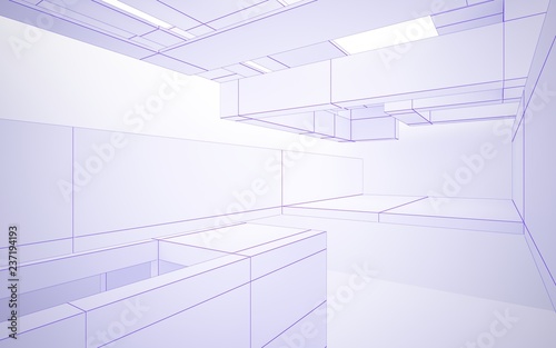 Abstract white interior highlights future. Polygon violet drawing. Architectural background. 3D illustration and rendering