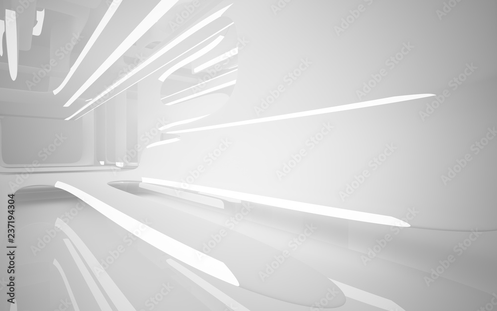 Abstract smooth white interior of the future. Night view from the backlight. Architectural background. 3D illustration and rendering Abstract smooth white interior of the future. Night view from the backlight. Architectural background. 3D illustration and rendering