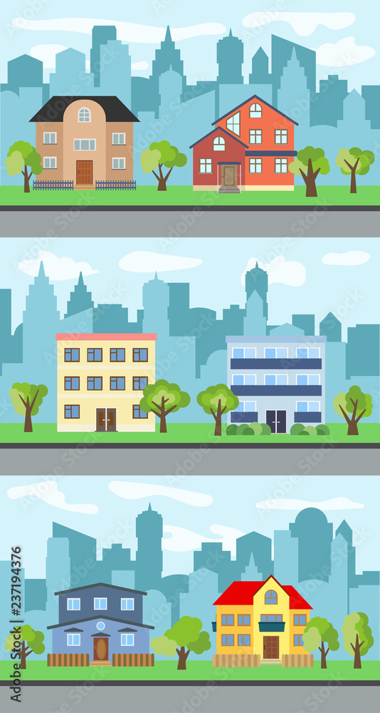Set of three vector illustrations of city street Set of three vector illustrations of city street