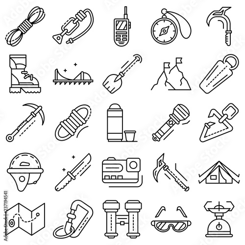 Mountaineering equipment icon set. Outline set of mountaineering equipment vector icons for web design isolated on white background