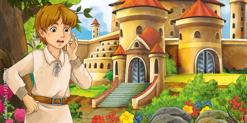 Wallpaper Mural Cartoon nature scene with beautiful castles near the forest with handsome young boy - illustration for the children Torontodigital.ca