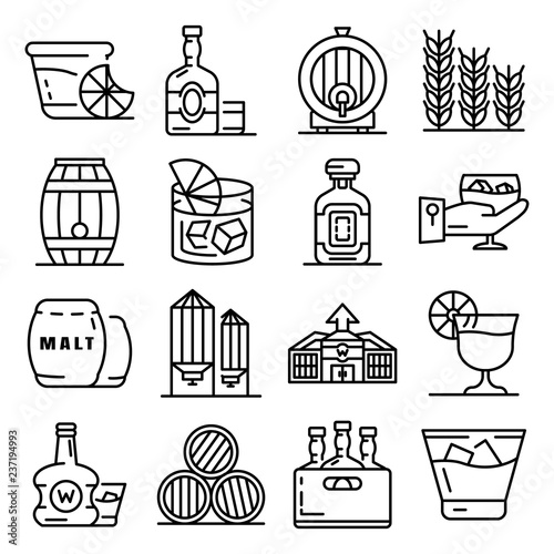 Whisky icon set. Outline set of whisky vector icons for web design isolated on white background