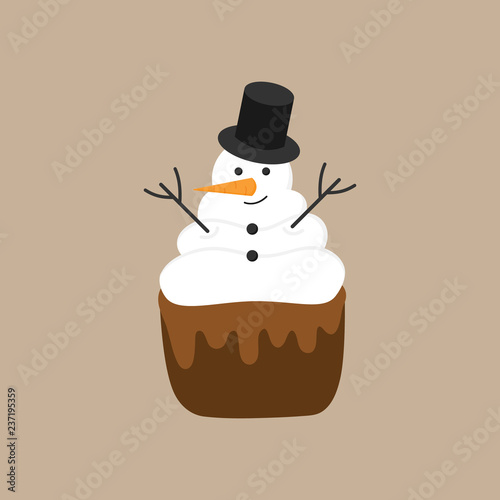 Christmas, winter snowman cupcake vector illustration icon. Cute cupcake with melted chocolate decorated with whipped cream, snow frosting. Isolated on beige background.