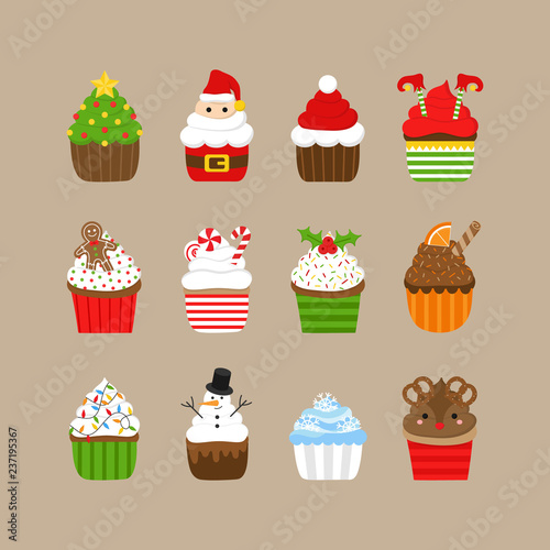 Christmas cupcakes vector illustration icon collection. Holiday  festive decorated cupcakes with frosting. Xmas themed characters  candy and decorations. Isolated on beige background.