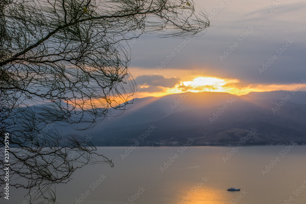 seascape sunset romantic atmosphere landscape with with soft focus on tree bare branches and unfocused mountain shape silhouette with evening sun rays light from behind ridge 