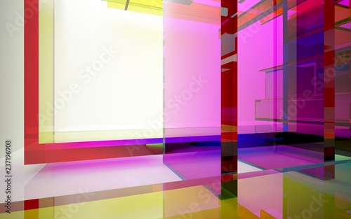 abstract architectural interior with gradient geometric glass sculpture with black lines. 3D illustration and rendering