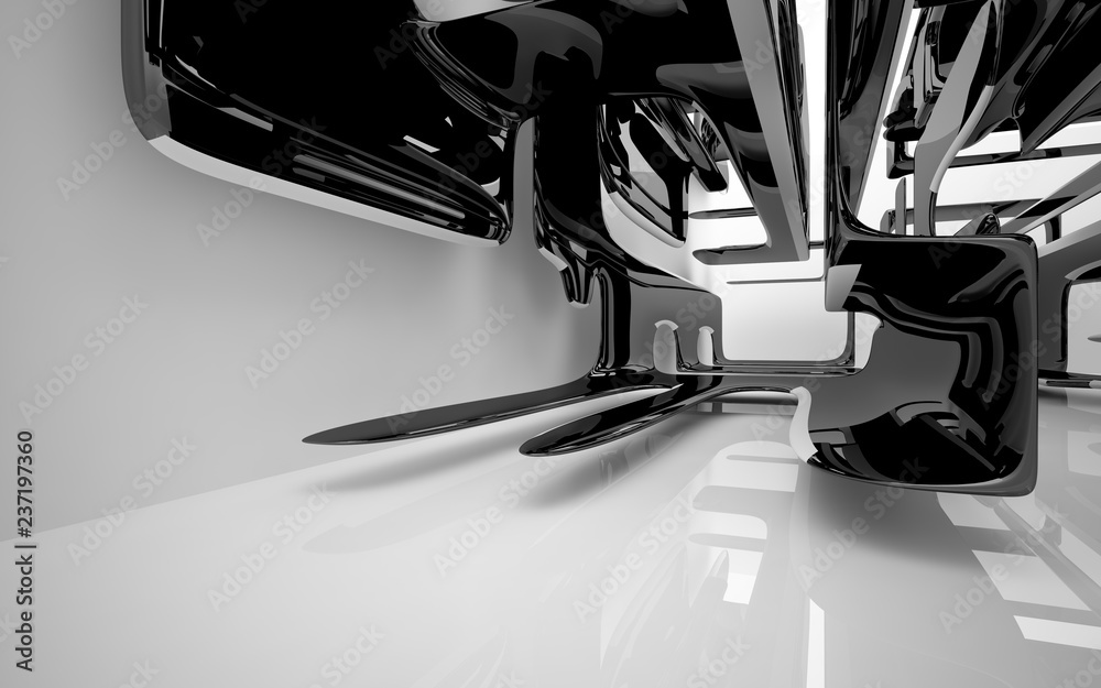 Naklejka premium Abstract interior with glossy black sculpture. 3D illustration and 3D rendering
