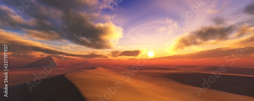 Fototapeta Naklejka Na Ścianę i Meble -  Desert and pyramids at sunset, sun over pyramids in the desert,
