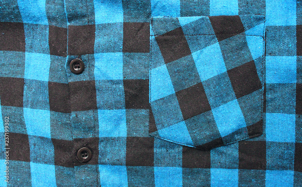 Plaid Shirt of Blue & Black Color, Checkered Tartan Pattern Clothing. Close  Up View of Front