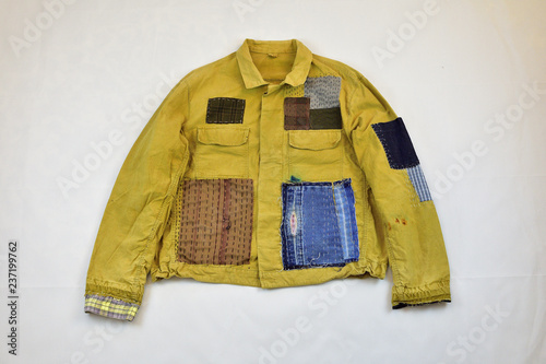 Khaki vintage jacket with patchwork decor sashiko