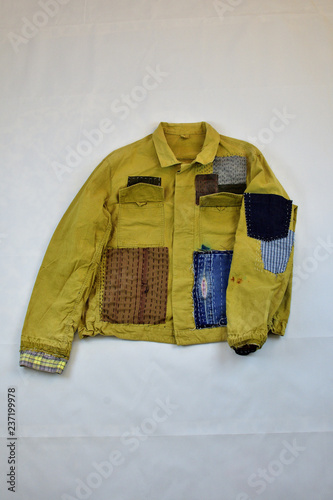 Khaki vintage jacket with patchwork decor sashiko