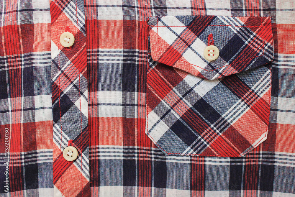 Plaid Shirt Front View of Checkered Tartan Pattern. Close Up of Pockets and Buttons on Stylish Blue, White & Red Fashion Shirt for Men and Women. Fabric Details with Squared Design Texture, Top View