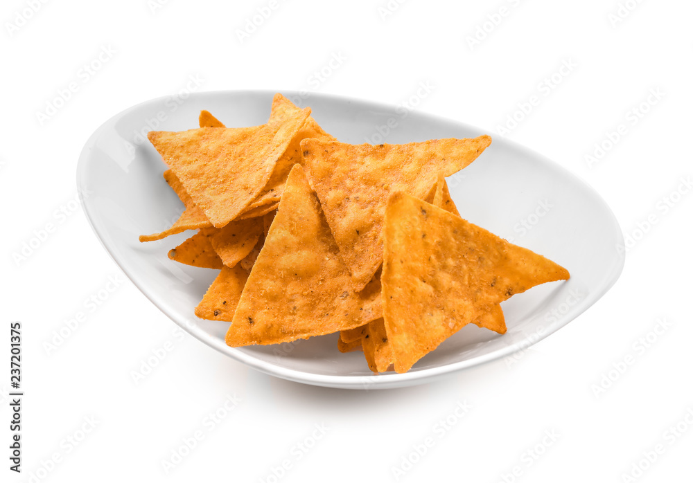 Plate with corn chips on white background Plate with corn chips on white background