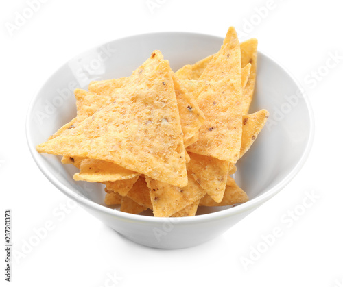 Bowl with corn chips on white background