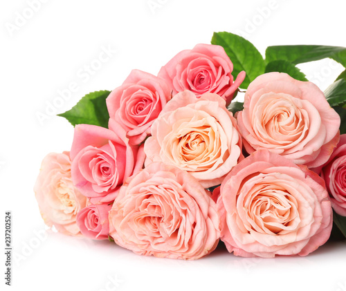 Beautiful bouquet of pink roses on white background © Pixel-Shot