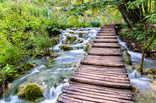 Wooden pathway above water at Plitvice National Park in Croatia