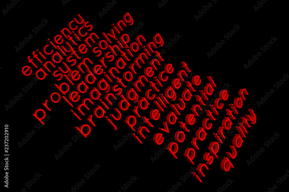 CGI typography, motivation related, keywords cloud for design texture, background. 3D rendering.