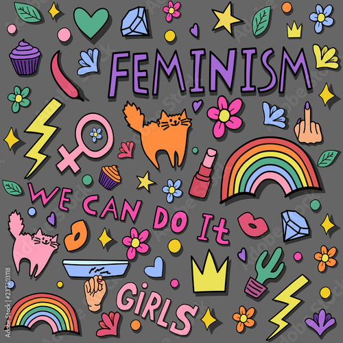 Girly doodles and hand drawn seamless pattern for feminism concept design in internet. Fancy comic feminism elements in cartoon style. Color vector illustration
