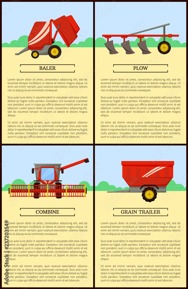 Obraz premium Agricultural Machinery Set, Cartoon Vector Banner