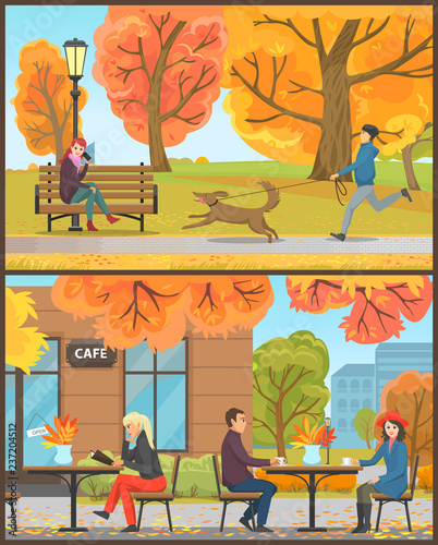 Cafe Exterior Clients Drinking Beverages Vector