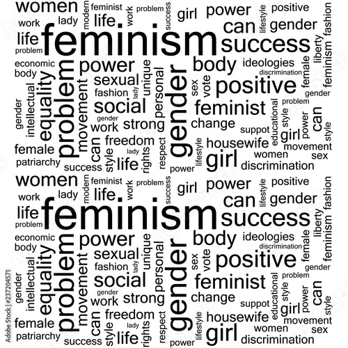 Modern white seamless background with feminism concept words. Pattern with different words on gender problems. Vector