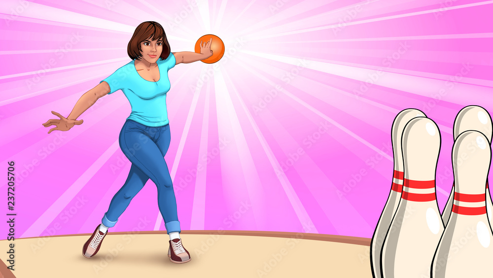 girl playing bowling, girl throws bowling ball on bowling pins Stock Illustration Adobe Stock