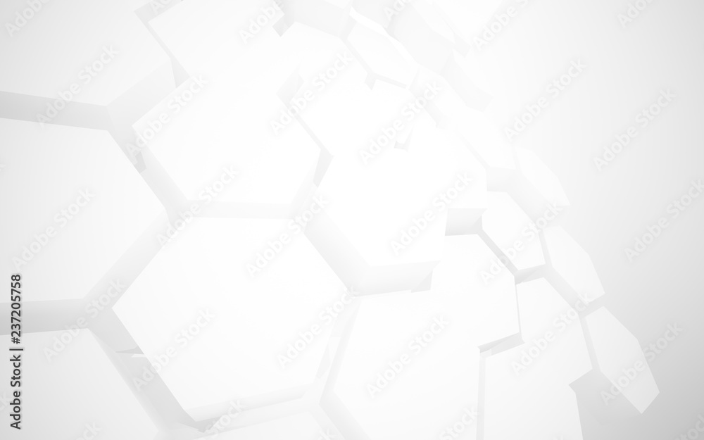 Fototapeta premium Abstract white interior highlights future with hexagonal honeycombs. Architectural background. 3D illustration and rendering