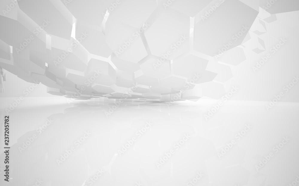 Abstract white interior highlights future with hexagonal honeycombs. Architectural background. 3D illustration and rendering