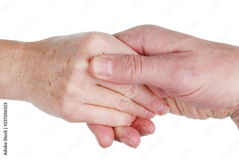 Elderly husband and wife hold hands together for life concept. Isolated Elderly husband and wife hold hands together for life concept. Isolated