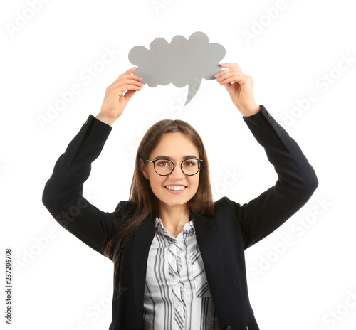 Young woman with blank spee...