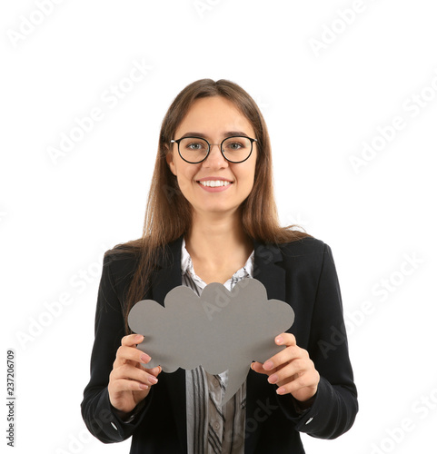 Young woman with blank spee...