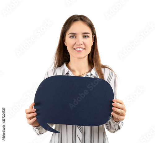 Young woman with blank spee...