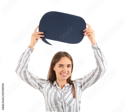 Young woman with blank spee...