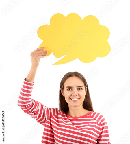 Young woman with blank spee...