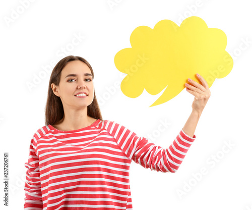 Young woman with blank spee...