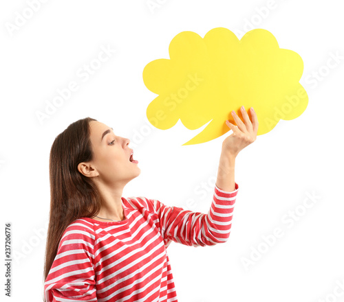 Young woman with blank spee...