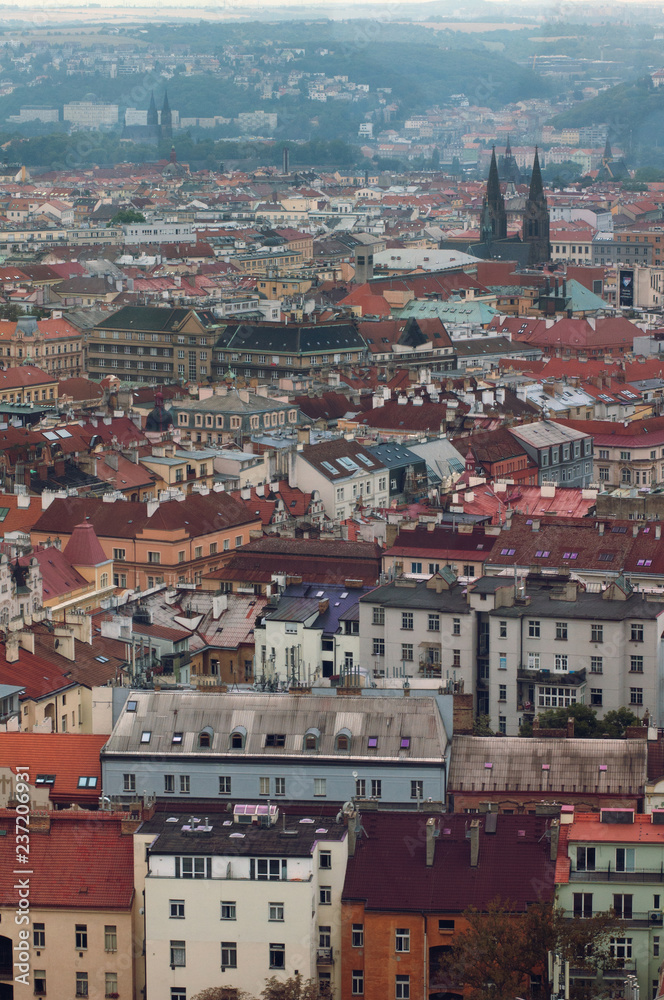 Roofs of Prague, Czech Republic. City landscape on a cloudy day.