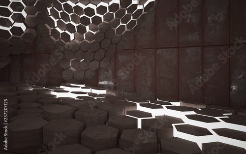 Empty abstract room interior with hexagonal honeycombs of sheets rusted metal and concrete. Architectural background. Night view of the illuminated. 3D illustration and rendering