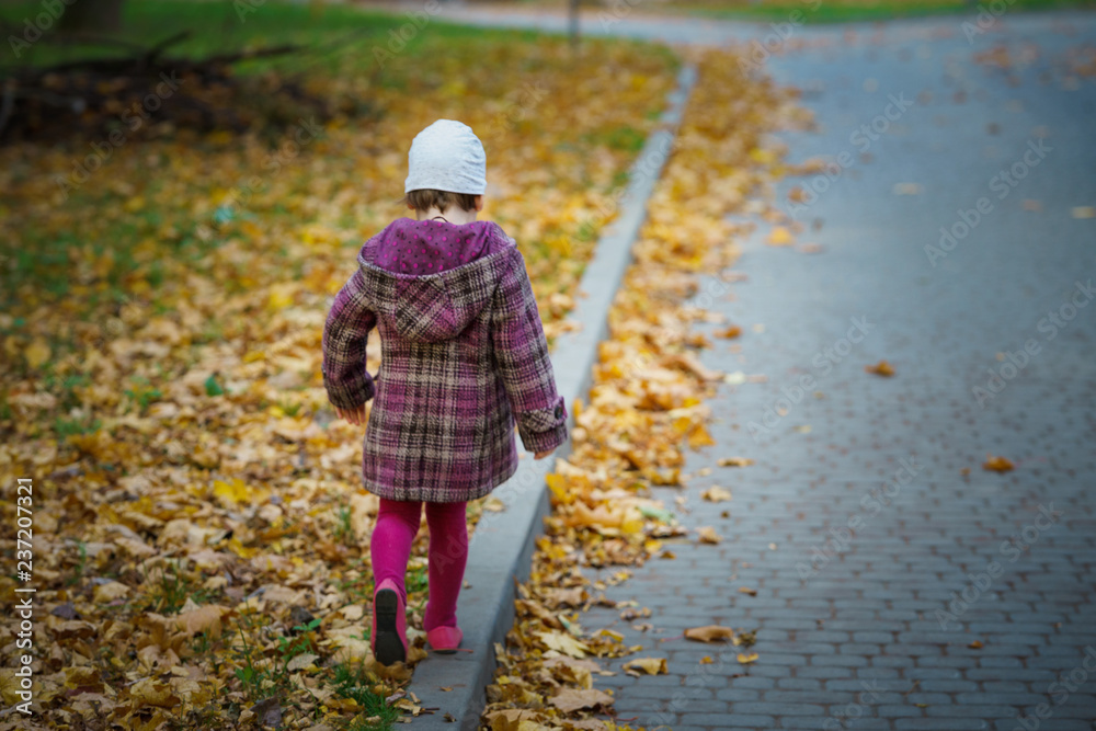 Portrait of a caucasian girl walking on the curb. Back ground of the autumn park.