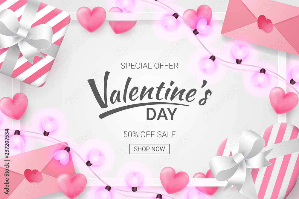 Valentines day sale background with Heart Shaped, love letter, gift and love shaped lamp . Vector illustration.Wallpaper.flyers, invitation, posters, brochure, banners.