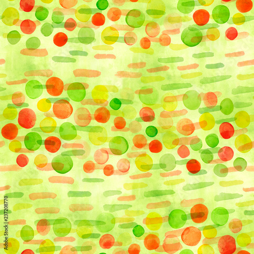 Fototapeta Naklejka Na Ścianę i Meble -  A lawn green, lime color seamless pattern with watercolor brush strokes and confetti for scrapbooking. Hand painted chartreuse repeat print, brush strokes.
