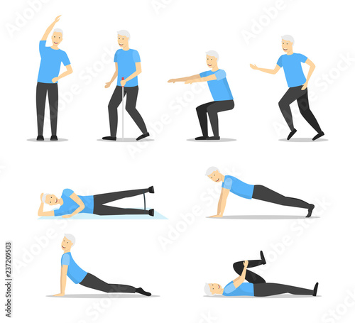 Cartoon Color Senior Exercise of Male Characters. Vector