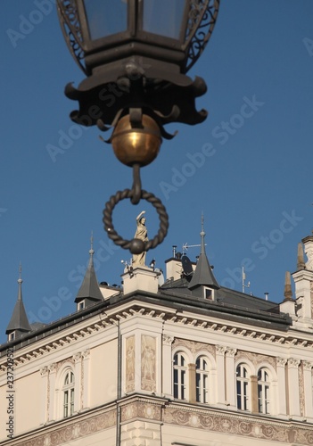 city-scape of Krakow's Market Place and streetlamps