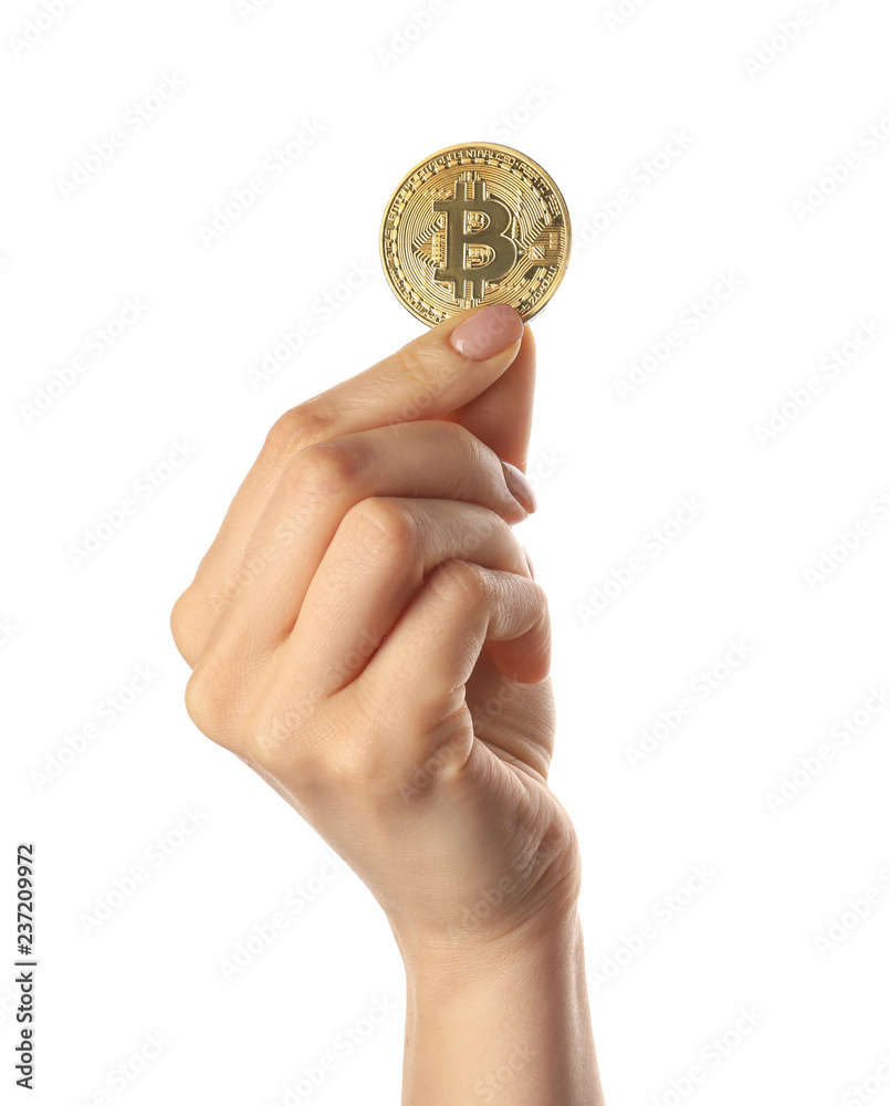 Female hand with bitcoin on white background Female hand with bitcoin on white background