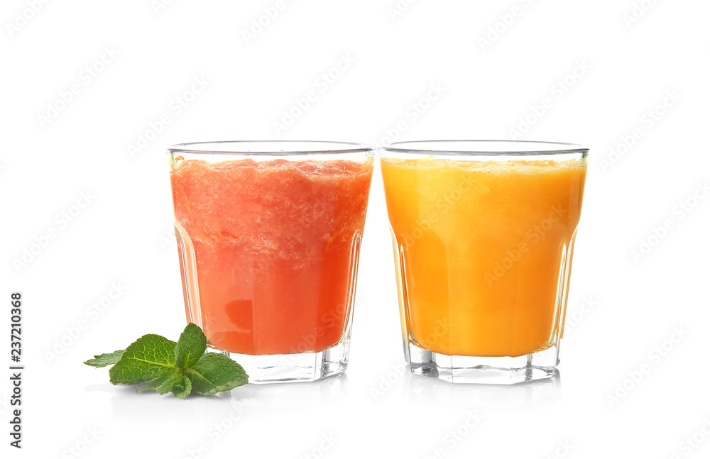 Glasses with tasty fruit smoothies on white background Glasses with tasty fruit smoothies on white background